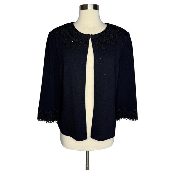 St. John Evening Black Embroidered Rhinestoned Wool Blend Formal Cardigan Sz 14 - Picture 1 of 13